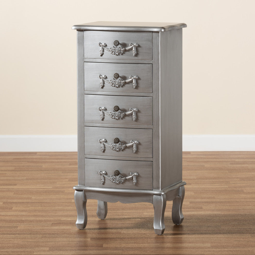 Callen Classic and Traditional Brushed Silver Finished Wood 5-Drawer Chest