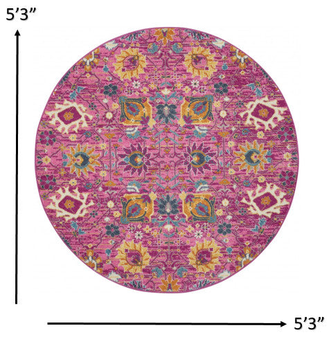 5' Fuchsia Round Floral Power Loom Area Rug