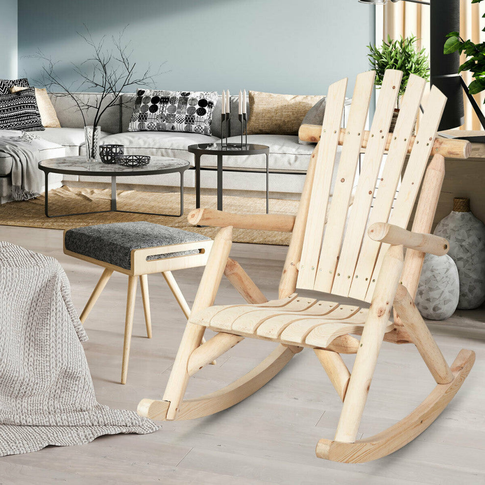 Costway Log Rocking Chair Wood Single Porch Rocker Patio Deck Furniture Natural
