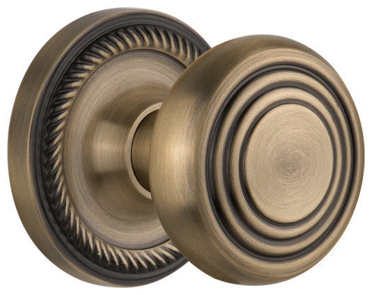 Rope Rosette Passage Deco Door Knob, Antique Brass