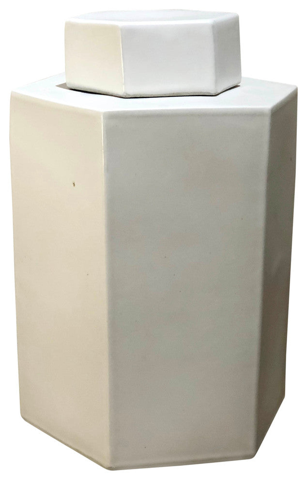 Hexagonal Porcelain Tea Jar 14H, Matte White