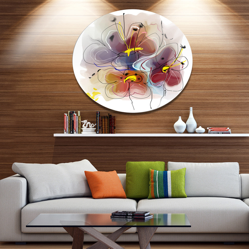 Brown Blue Flower Illustration Art, Floral Round Wall Art, 38"