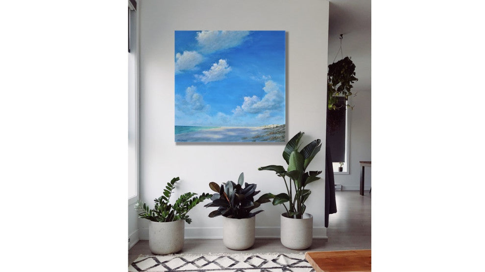 Large Original Beach Seascape Painting With Billowing Clouds