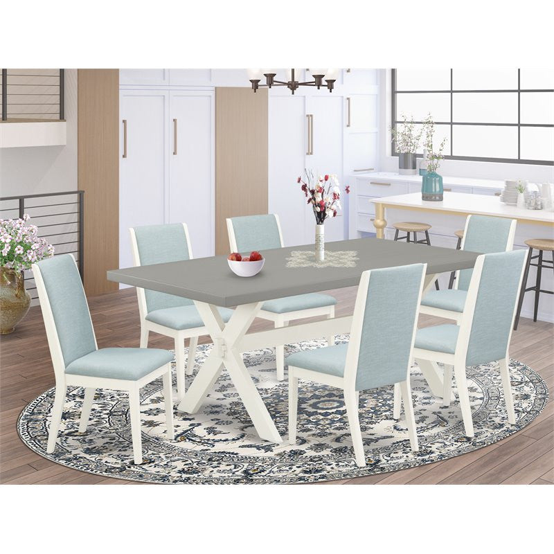 7-Piece Set Cement Table Top and 6 Linen Fabric Chairs, Linen White