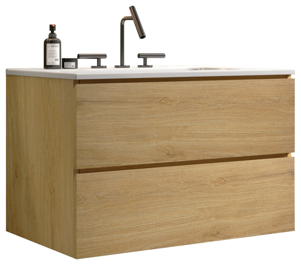 Wall-Mounted Bathroom Vanity Set with Ceramic Sink with three faucet holes, Oak, 30"