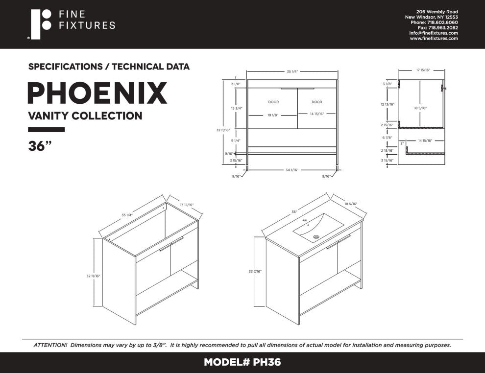 Phoenix Bath Vanity With Ceramic Sink - Full Assembly Required, Rustic White, 36 Inch
