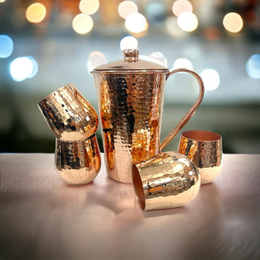 Set of 1 Shiny Copper Pitcher and 4 Tumblers