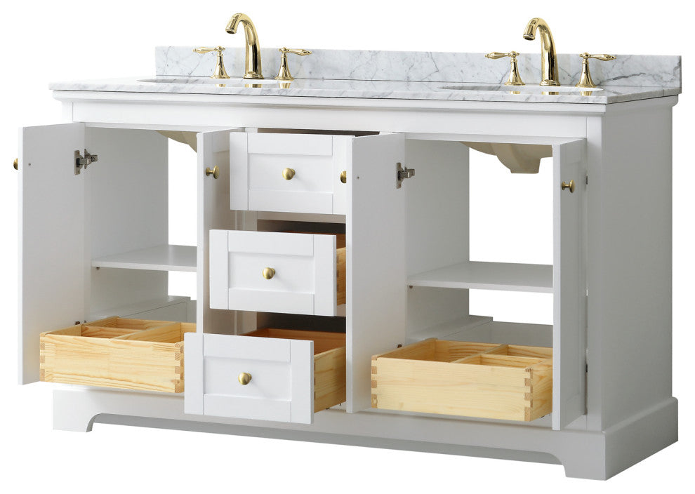 60" Double Bath Vanity, White, White Carrara Countertop, Sinks, Gold Trim