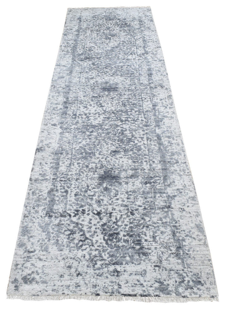 Gray Hand Knotted Erased Persian Design Wool and Silk Runner Rug 2'7"x7'10"