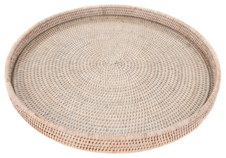 Artifacts Rattan™ Round Serving-Ottoman Tray with Glass Insert, White Wash, 16" Diameter