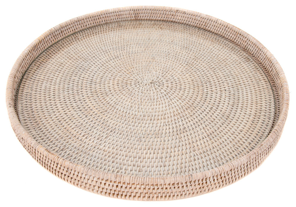 Artifacts Rattan™ Round Serving-Ottoman Tray with Glass Insert, White Wash, 16" Diameter