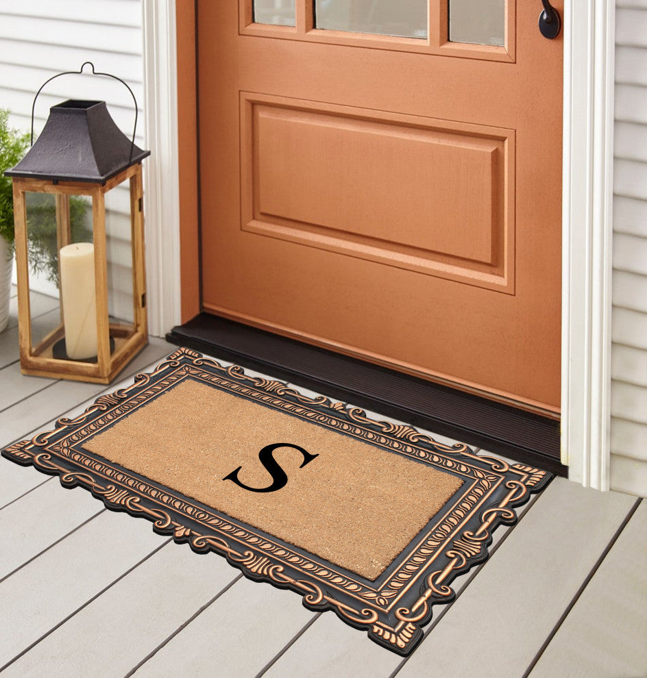 Carson Bronze/Beige Rubber And Coir 24"x36", Monogrammed Doormat, S