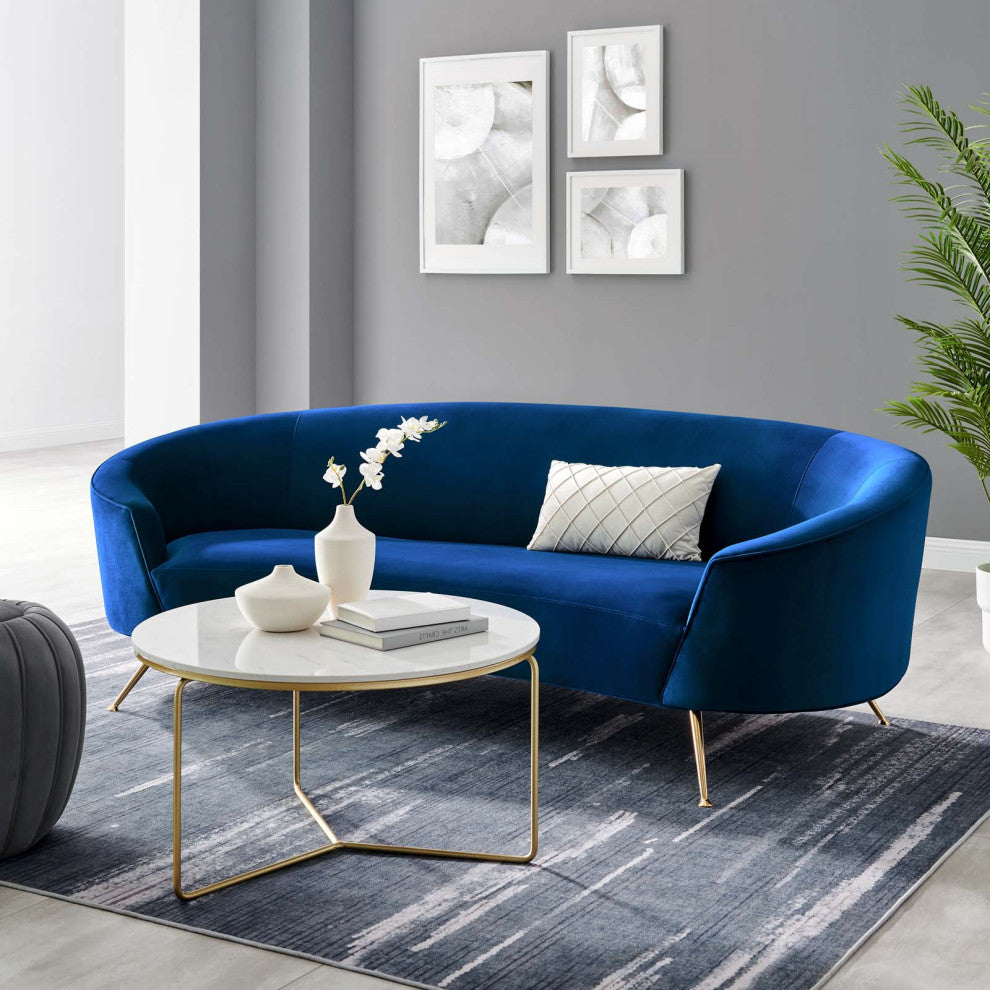 Sofa, Blue Navy, Velvet, Modern, Mid Century Living Hotel Lounge Cafe Lobby