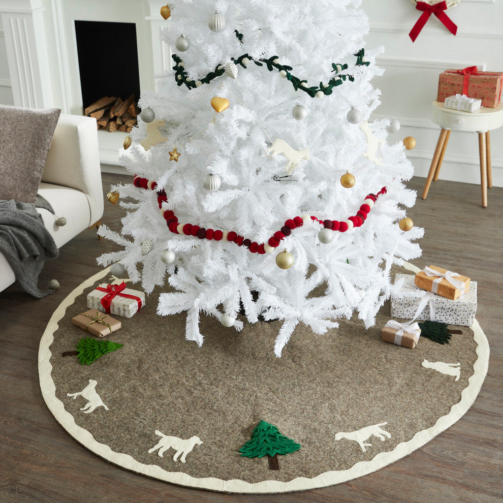 Cream Dogs and Green Trees Christmas Tree Skirt on Gray in Hand Felted Wool - 60
