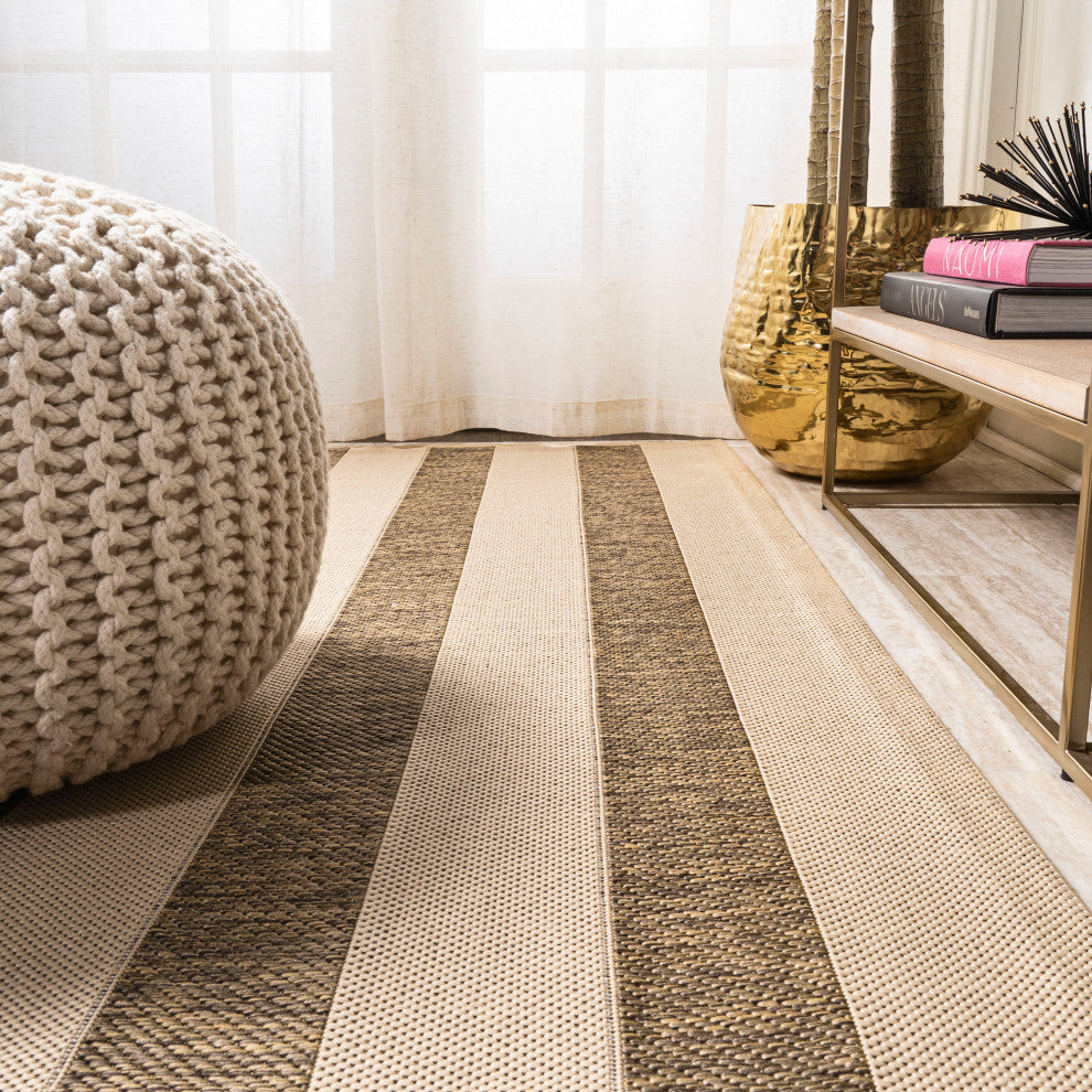 Aveiro Wide Stripe Indoor/Outdoor Beige/Brown 2'x8' Runner Rug