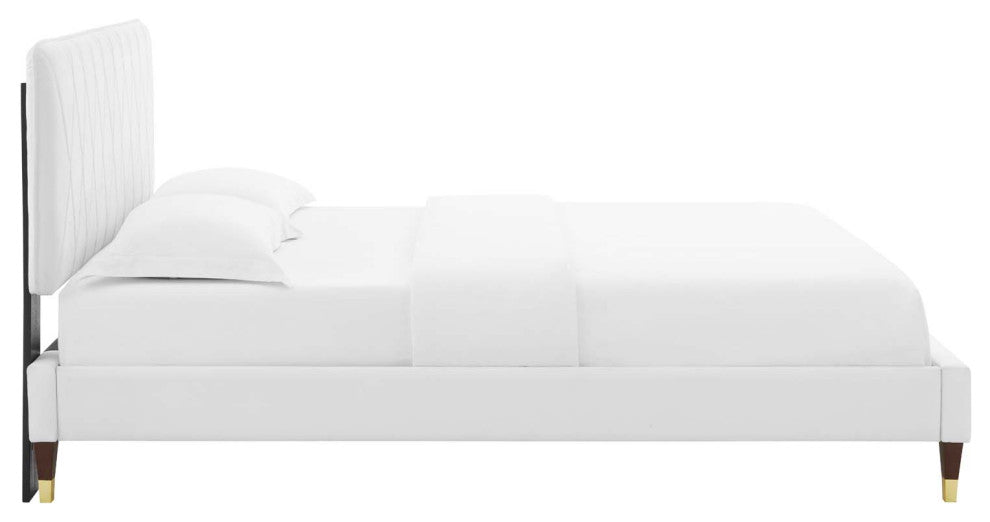 Platform Bed Frame, Full Size, Velvet, White, Modern Contemporary, Bedroom