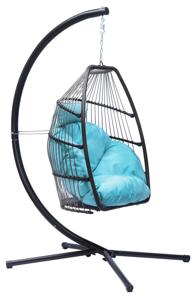 Outdoor Patio Wicker Folding Swing Chair Hanging With Bracket and Cushion Pillow