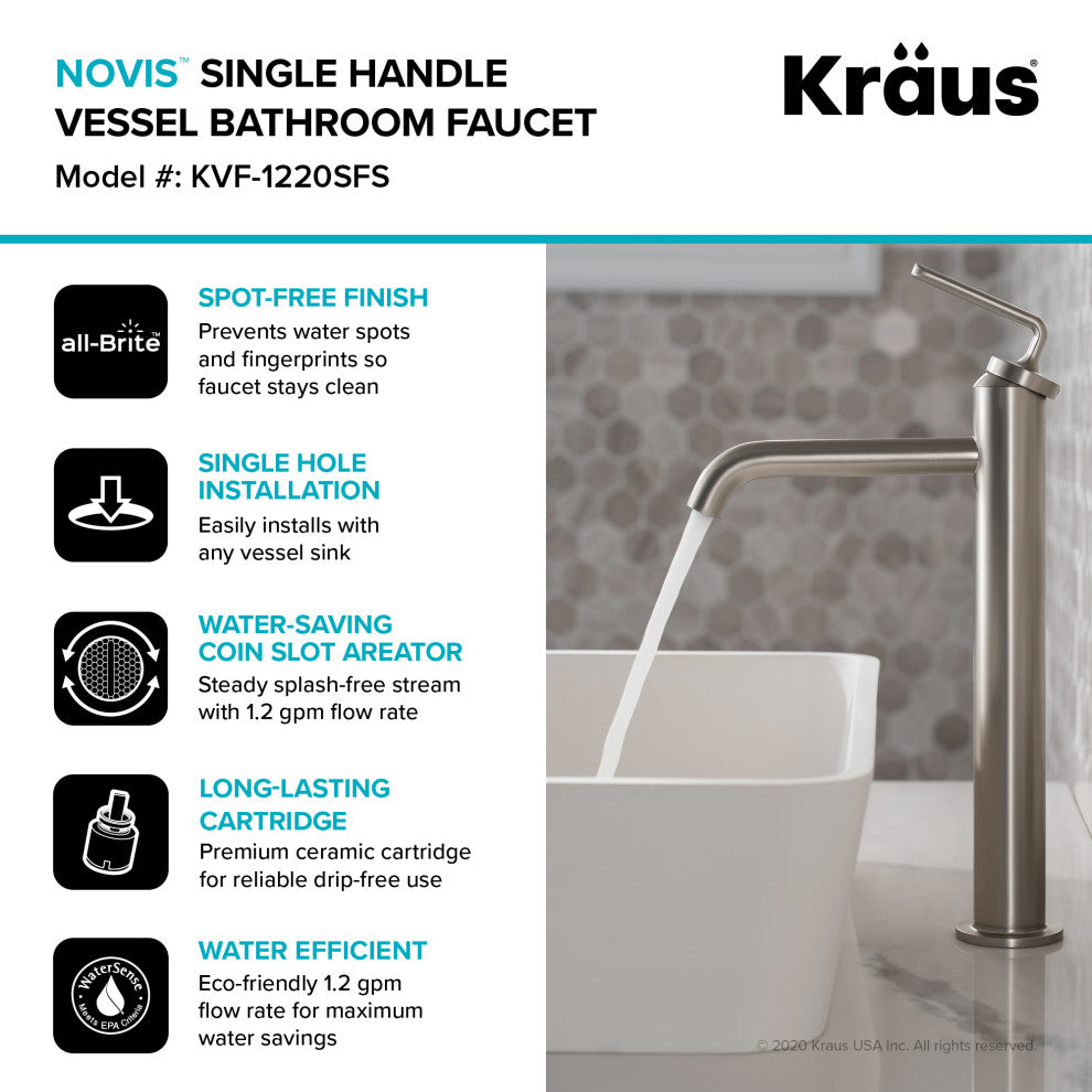 Kraus Ramus Single Handle Vessel Faucet, Pop Up Drain, Spot Free Steel, Set of 2
