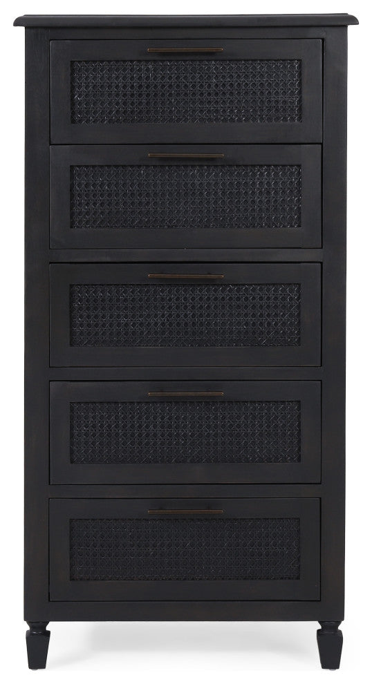 Pollards Rustic Acacia Wood and Cane 5 Drawer Dresser, Dark Gray