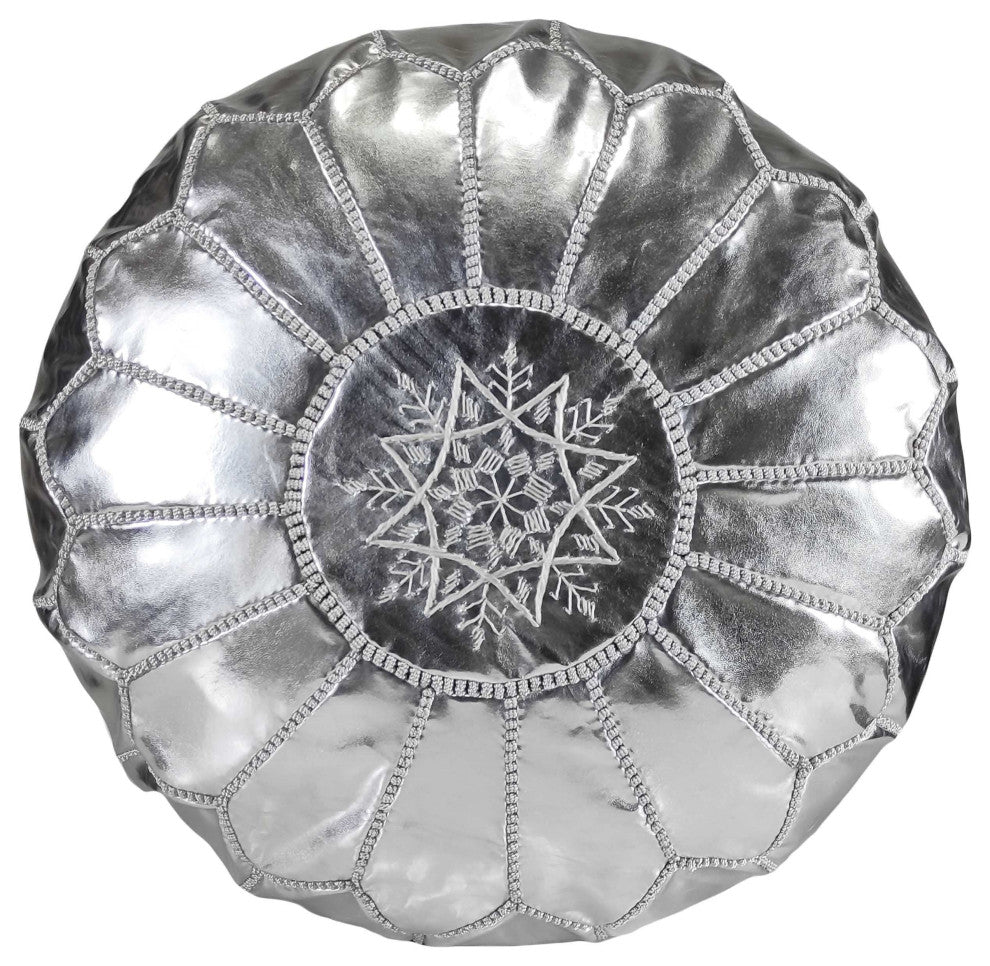 Handmade Moroccan Ottoman, PU Leather Pouf, Silver