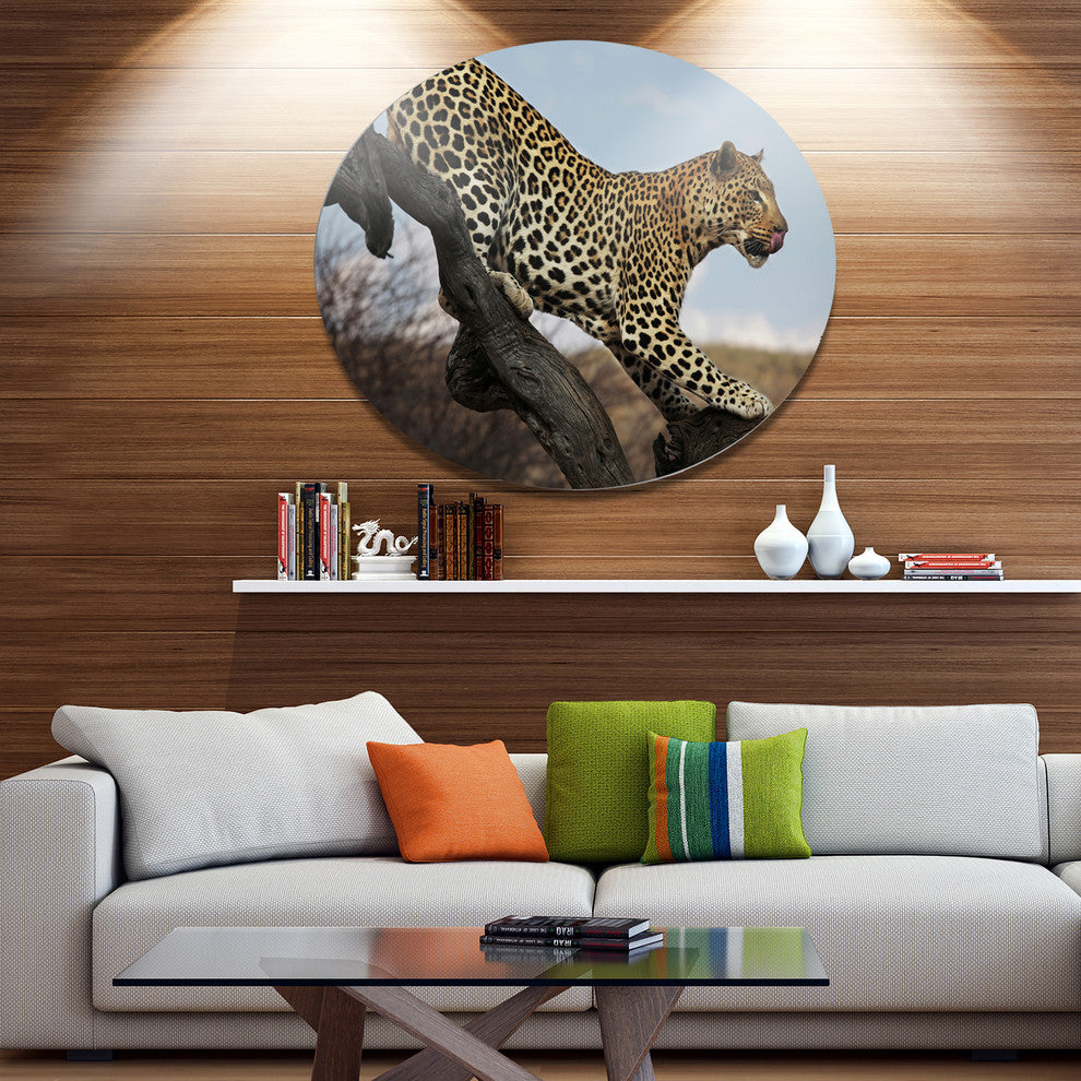Leopard Walking On Tree, African Disc Metal Wall Art, 36"