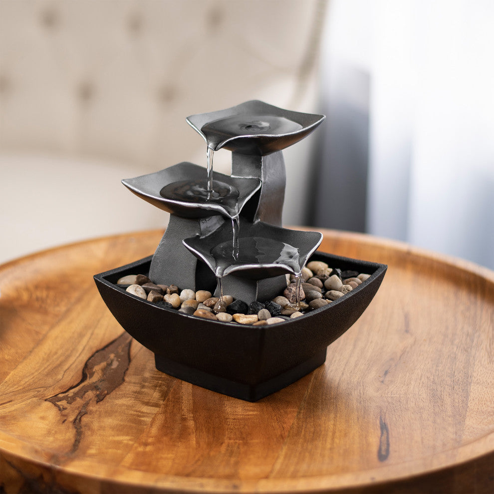 Pure Garden Tabletop Water Fountain, 3 Tier Raku Bowl