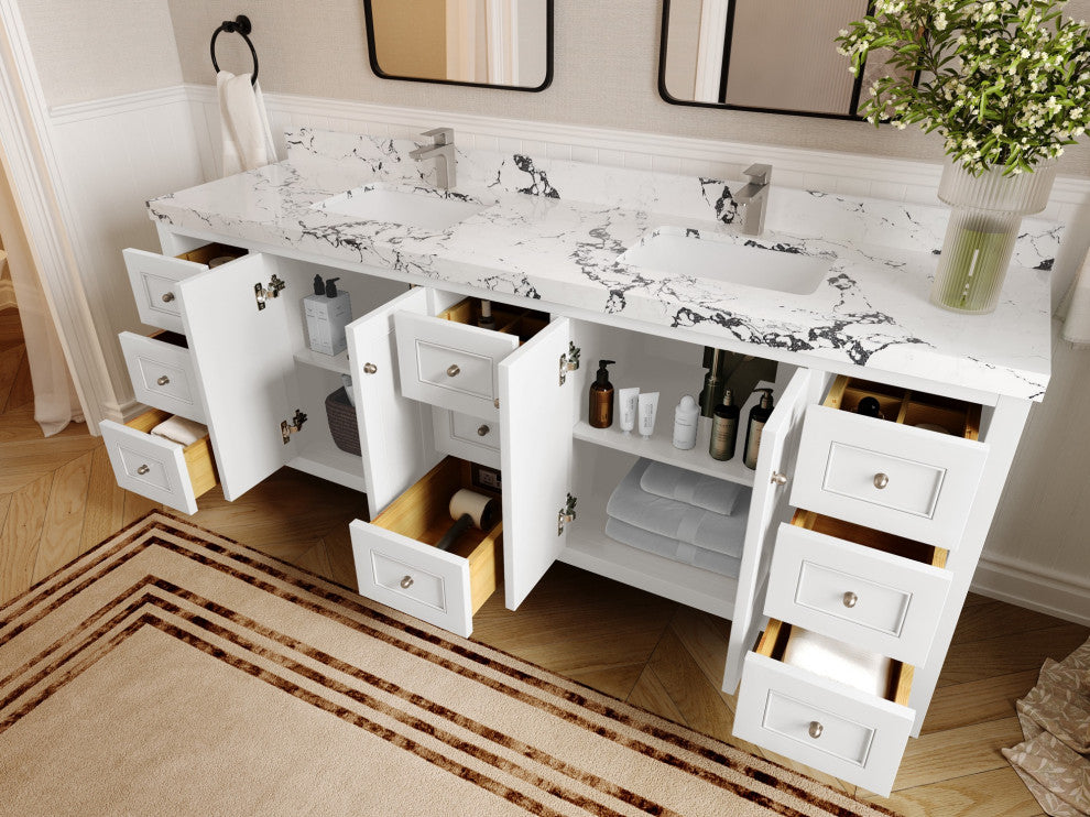Nashville 84" Double Sink Bath Vanity, White 1.5" White Quartz
