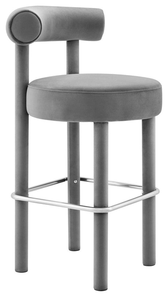 Toulouse Performance Velvet Bar Stool, Curved Round Bolster Kitchen Stool, Grey