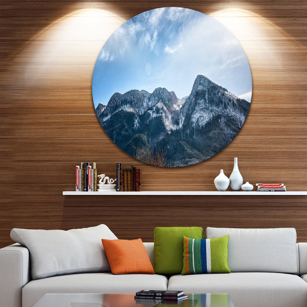 Winter Mountains With Sun Flare, Landscape Round Metal Wall Art, 36"