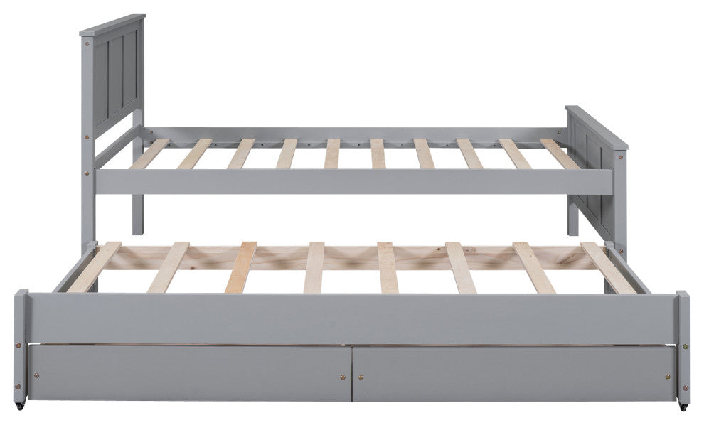 Gewnee Twin Size Platform Bed with Trundle and Drawers, Gray