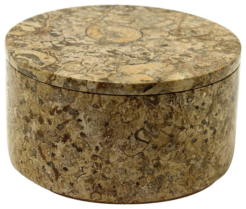Eirenne Collection Black Zebra Marble 4" Circular Keepsake Box, Beige