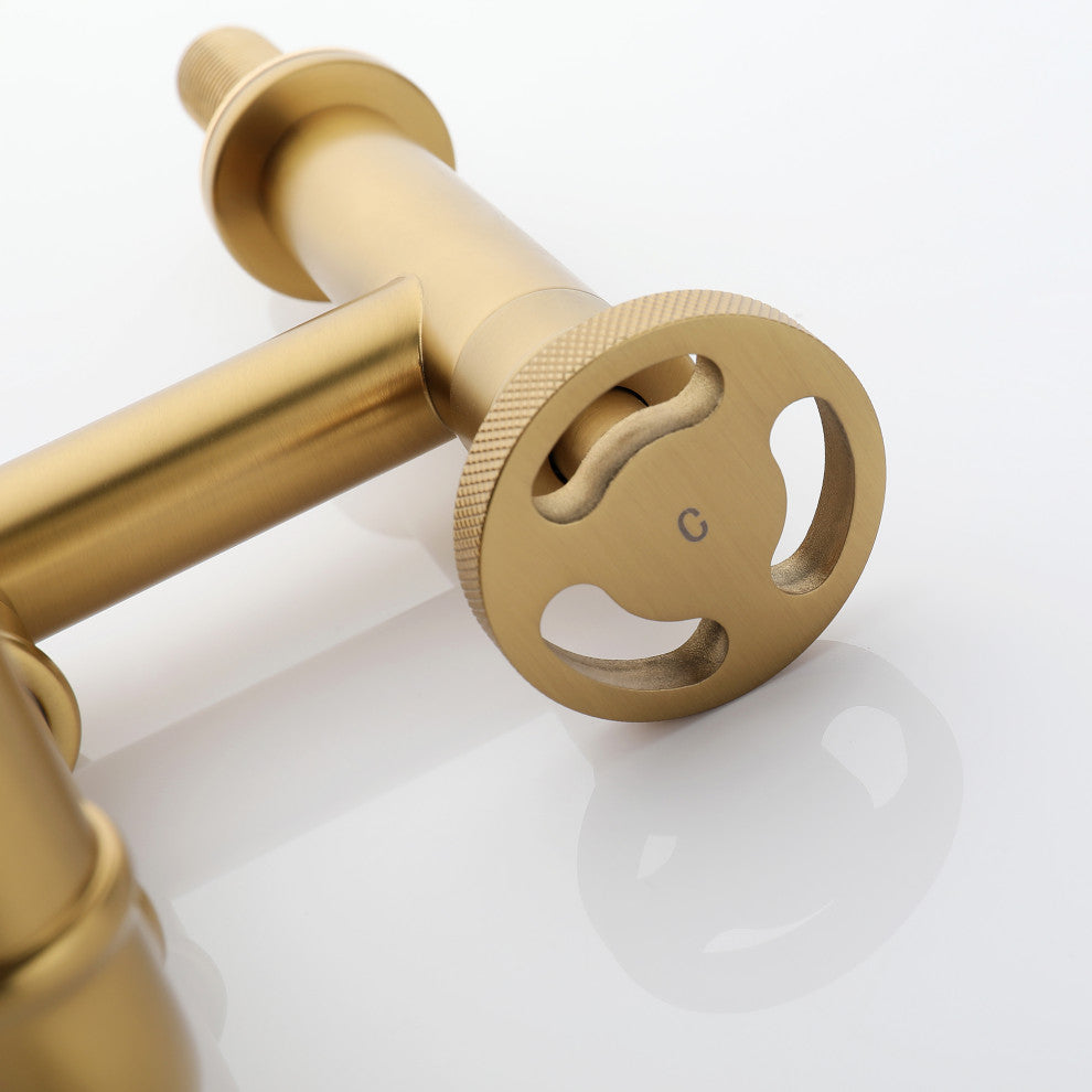 Deck Mounted Dual Handle Bridge Bathroom Faucet, Brushed Gold