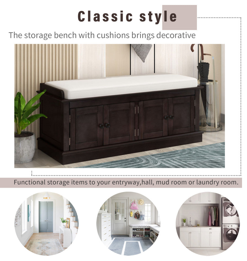TATEUS 42" Wooden Storage Bench With 4 Doors and Adjustable Shelves for Entryway, Espresso