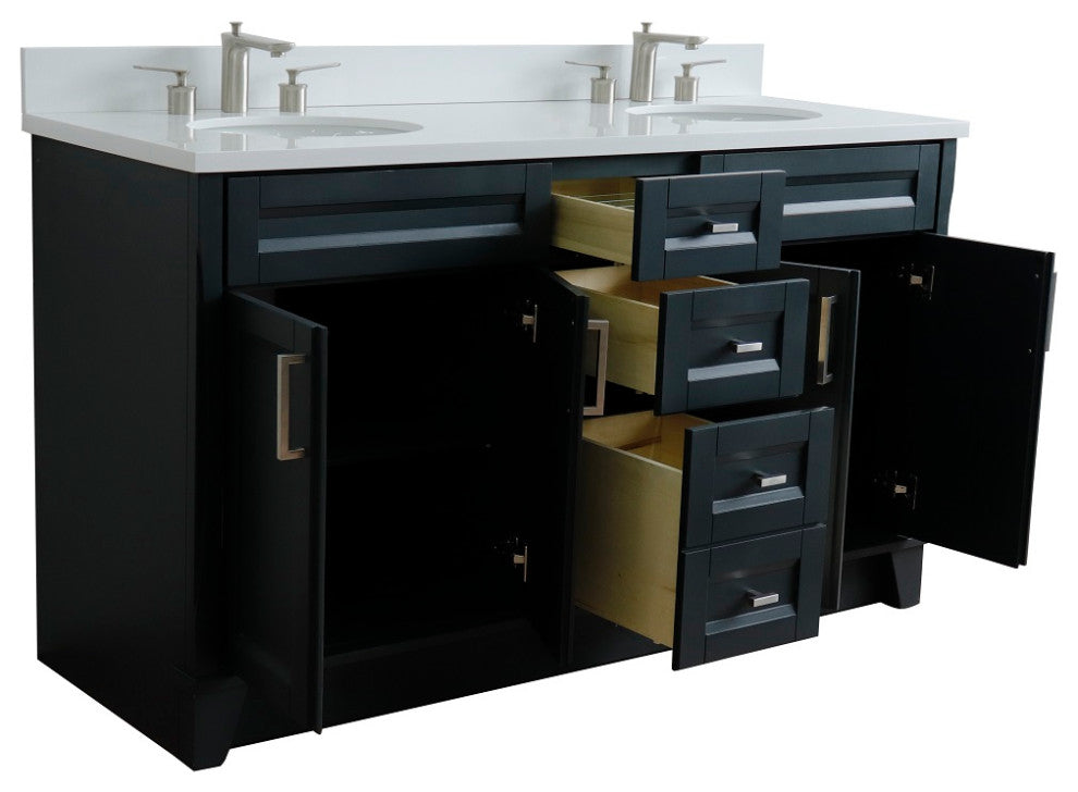 61" Double Sink Vanity, Dark Gray Finish And Engineered Stone Top And Oval Sink