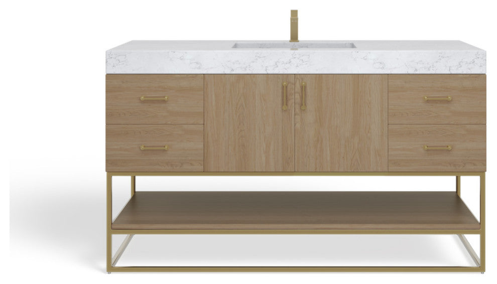 Bahia Bath Vanity, Oak, 60", Brushed Gold Hardware, Single, Freestanding