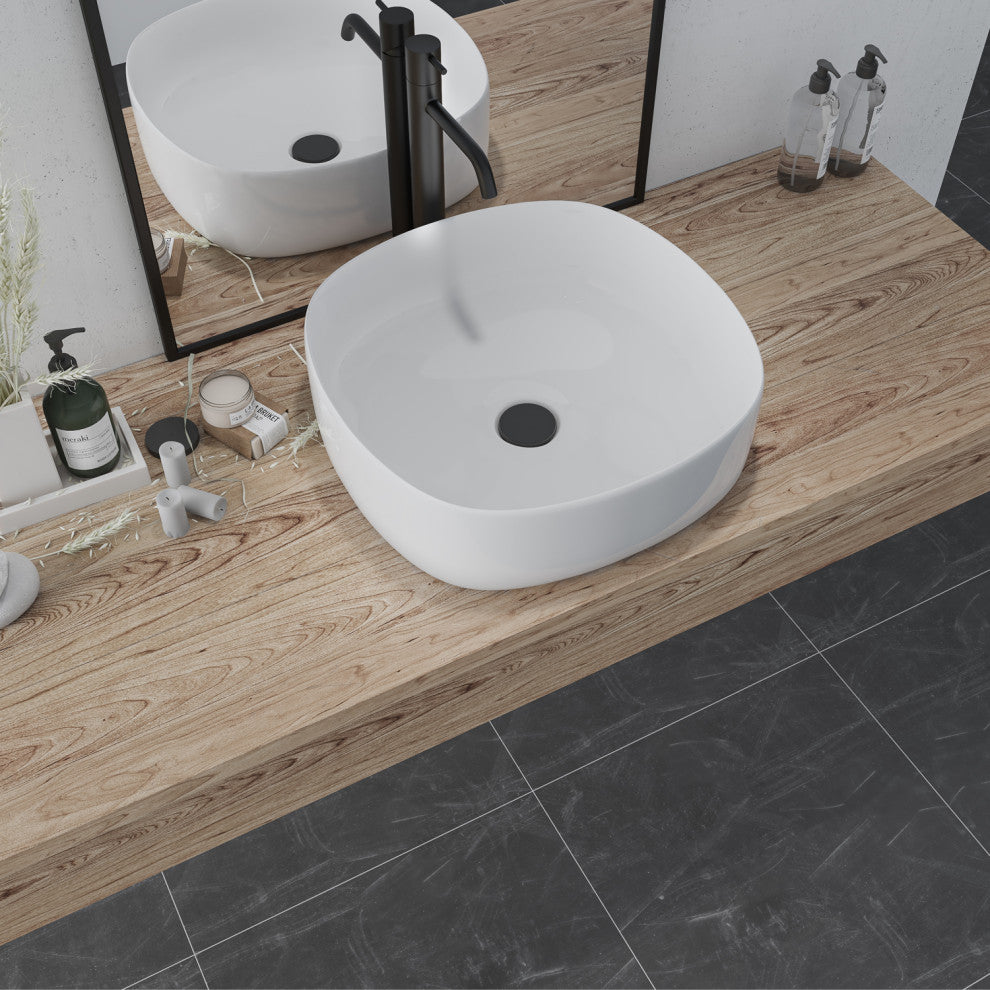 16x16" Square White Finish Ceramic Bathroom Vessel Sink