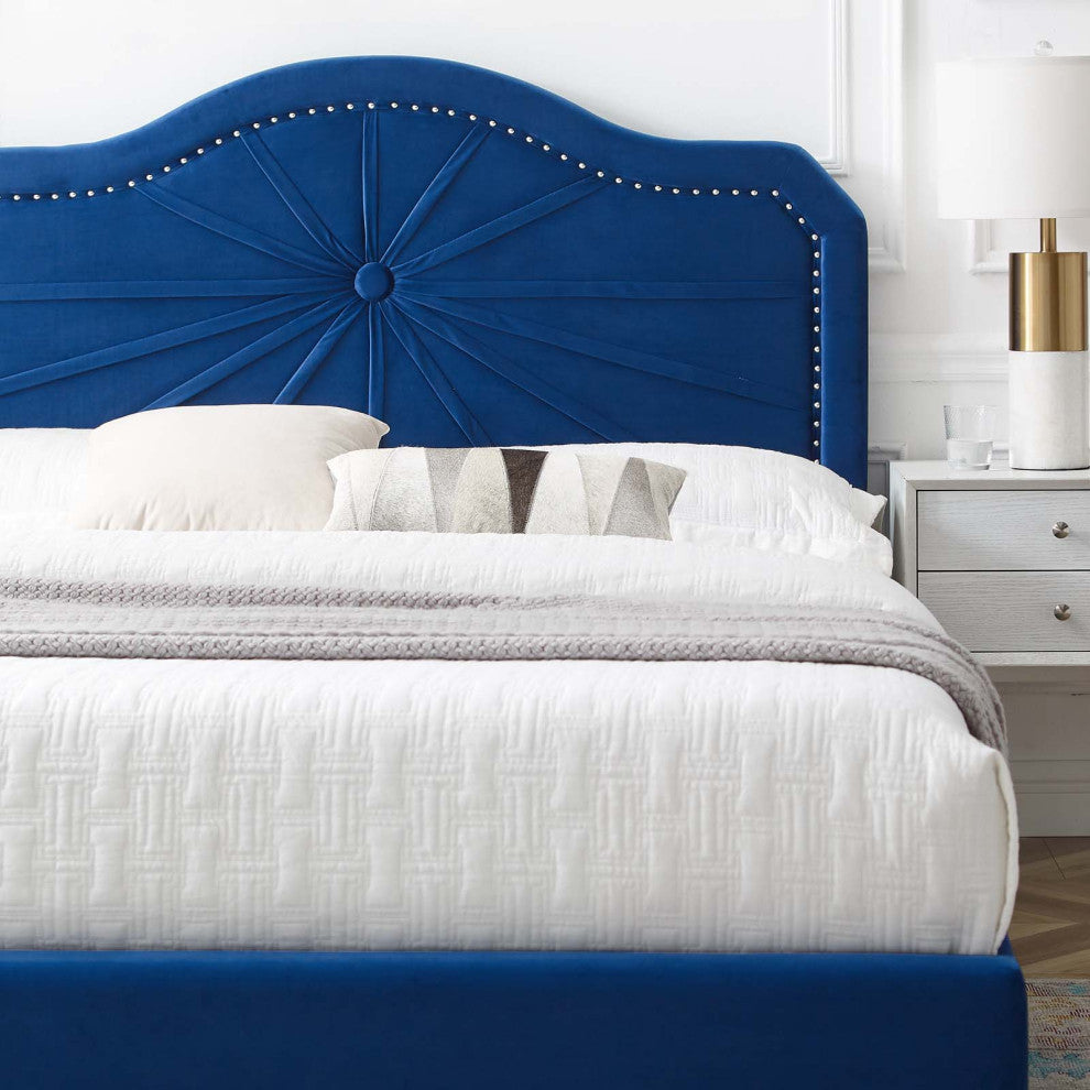 Platform Bed Frame, Queen Size, Velvet, Blue Navy, Modern Contemporary, Bedroom
