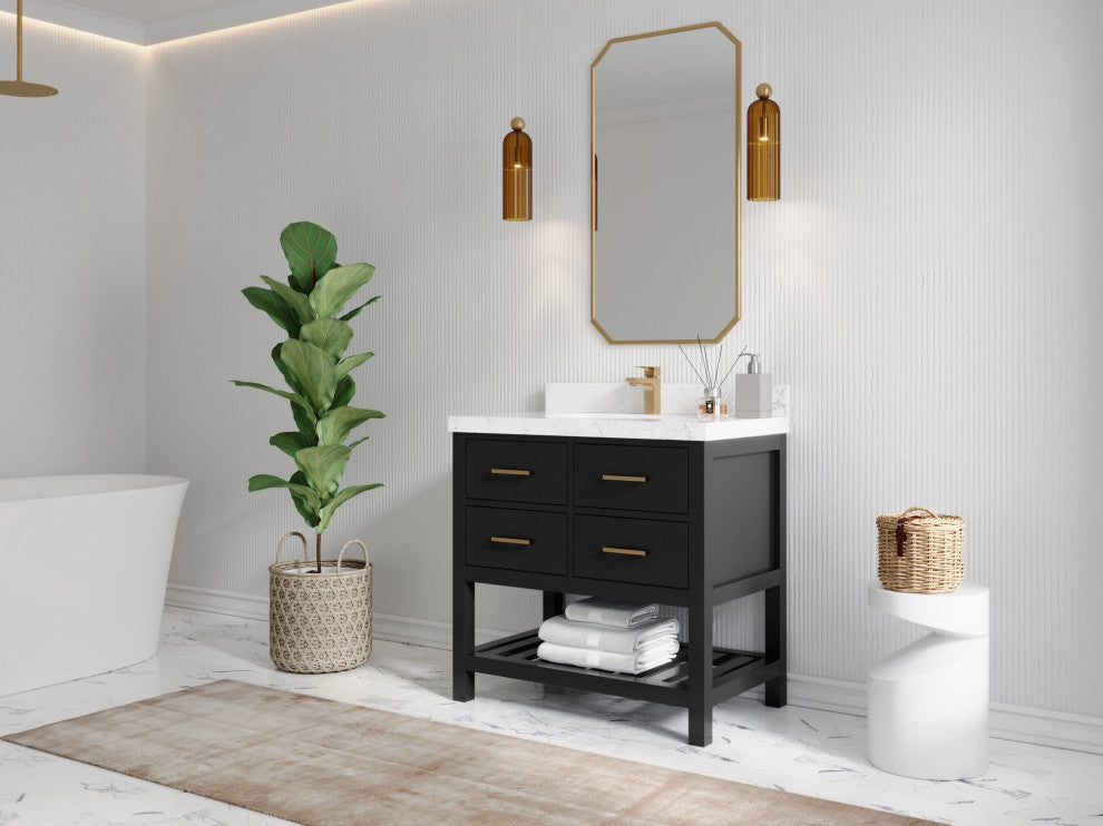 Parker 36" Single Sink Bath Vanity, Black 2" Calacatta Black
