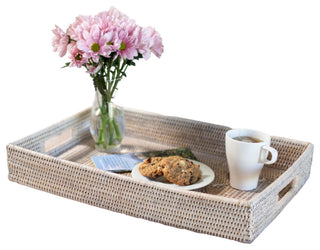 Artifacts Rattan Rectangular Tray With Cutout Handles, White Wash