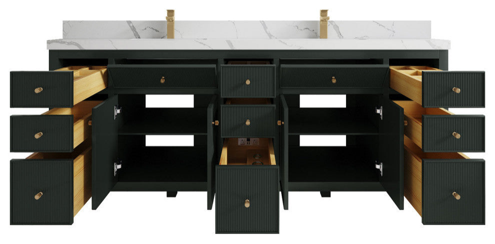 Sonoma 84 Double Sink Reeded Bath Vanity in Dark Forest Green 2" Calacatta Laza