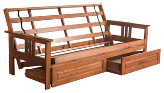 Caleb Frame Futon With Barbados Finish, Storage Drawers, Oregon Trail Saddle