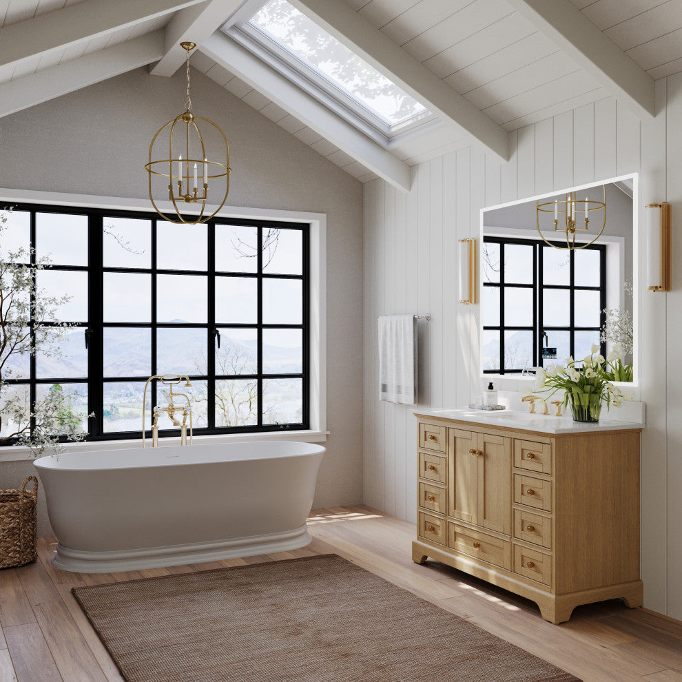 Audrey Vanity Set, Oak, 48", Gold Hardware, White Quartz Top