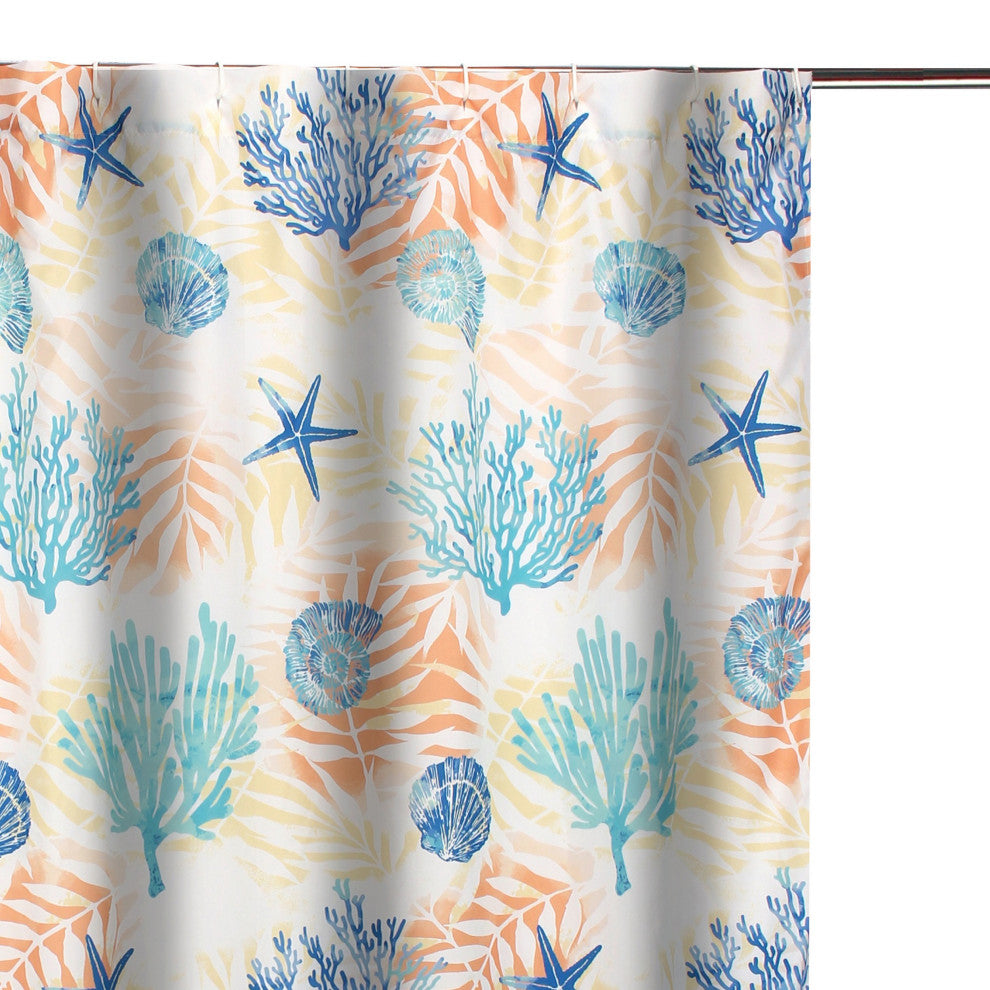 Benzara BM293438 Shower Curtain, White Blue Polyester, Seashells/Ferns Print
