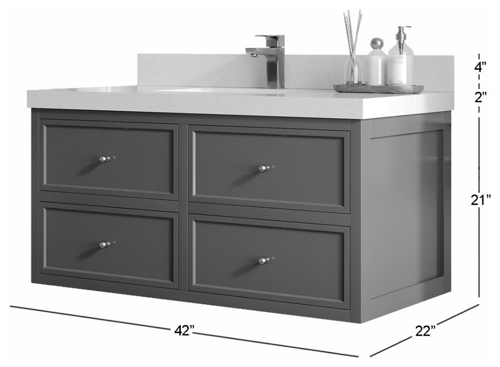 Roswell Floating 42" Single Sink Bath Vanity, Pewter Green 2" Calacatta Nuvo