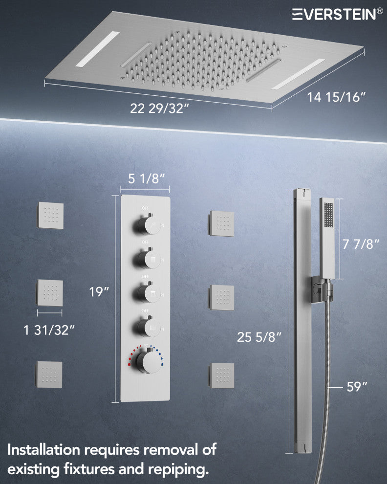 LED Thermostatic Shower System Rain Shower Head With 6 Body Jets, Brushed Nickel, 23"x15", Slide Bar