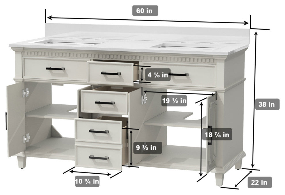 60''Wood Bathroom Vanity Set, With Drawers, Marble Top And Undermount Sink, White
