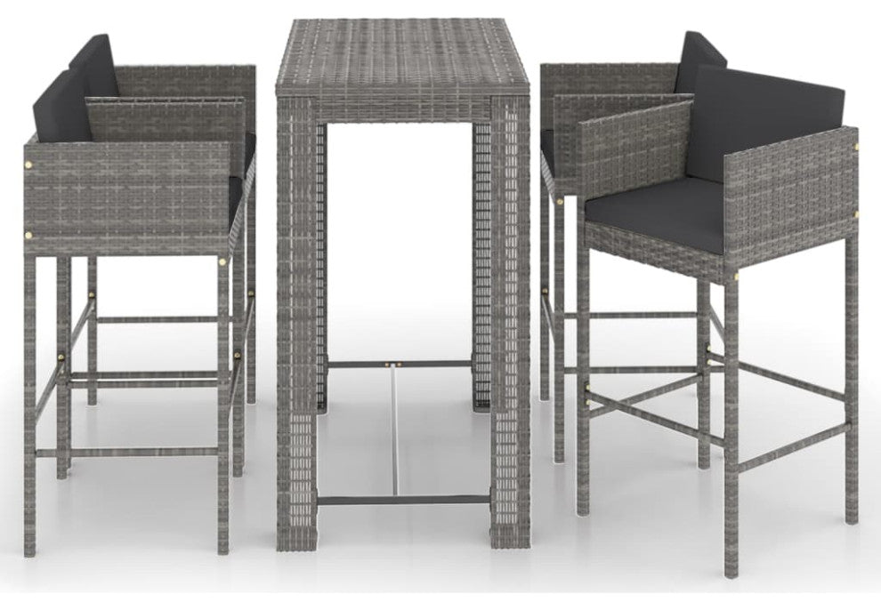 vidaXL Patio Bar Set 5 Piece with Cushions Poly Rattan Gray Garden Chair Seat