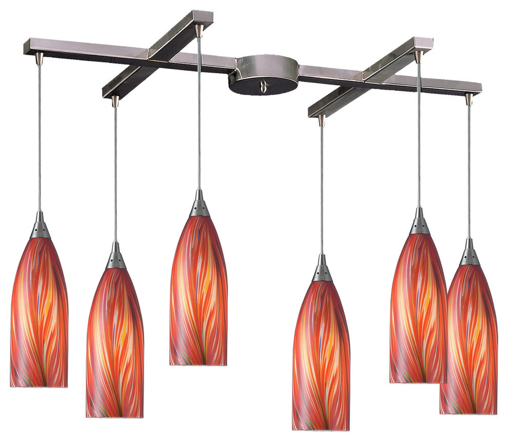 Cilindro 6-Light Satin Nickel Pendant, Multicolored Glass