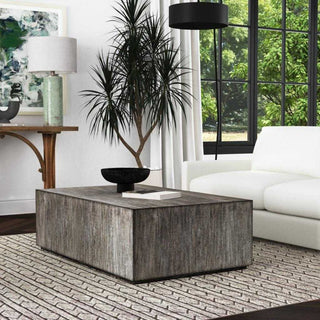 Modern Minimalist Wood Cube Block Coffee Table Solid Rectangle Gray Distressed