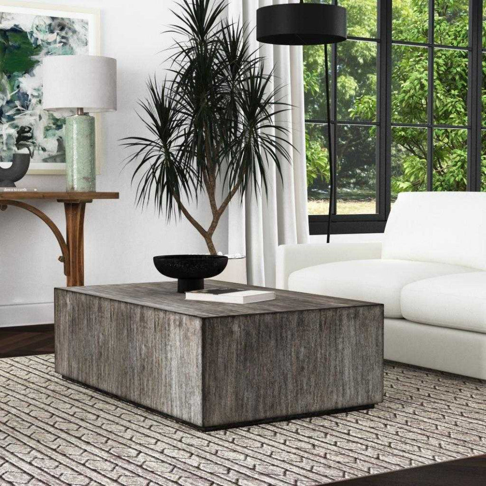 Modern Minimalist Wood Cube Block Coffee Table Solid Rectangle Gray Distressed